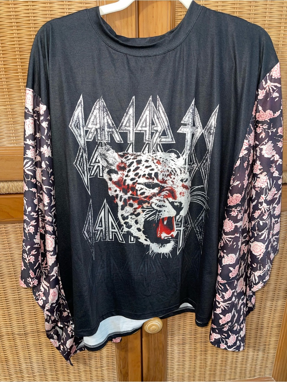 Black Graphic Def Leopard Tee with Floral Sleeves